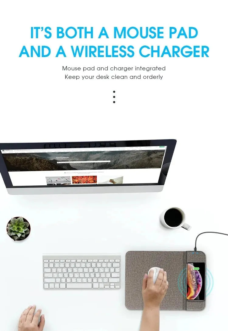 Foldable cloth wireless phone charging holder showing 10W power and 8mm charging distance.