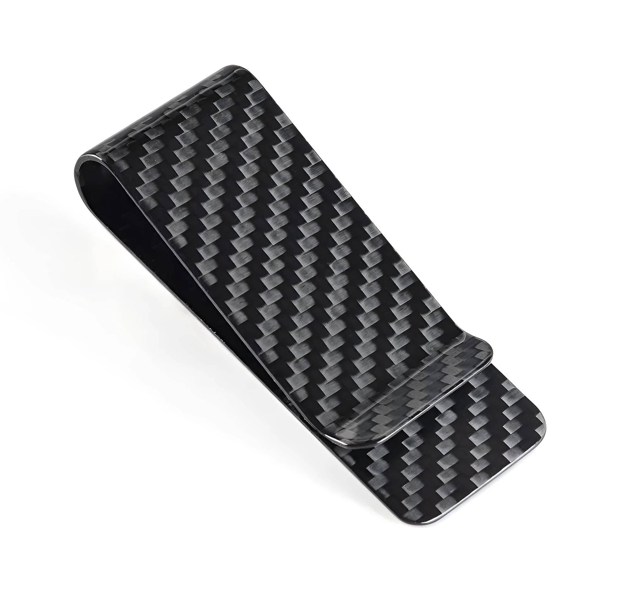Glossy black carbon fibre money clip with striped pattern on white background