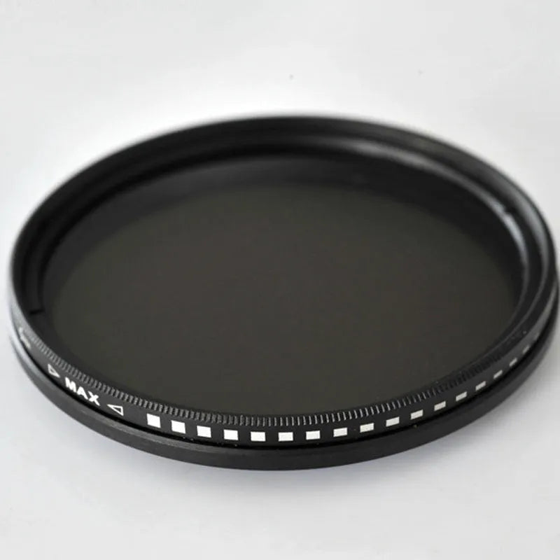 Adjustable multi-diameter neutral density camera filter with ND-2, ND-4, ND-8, and ND-400 grayscale options.