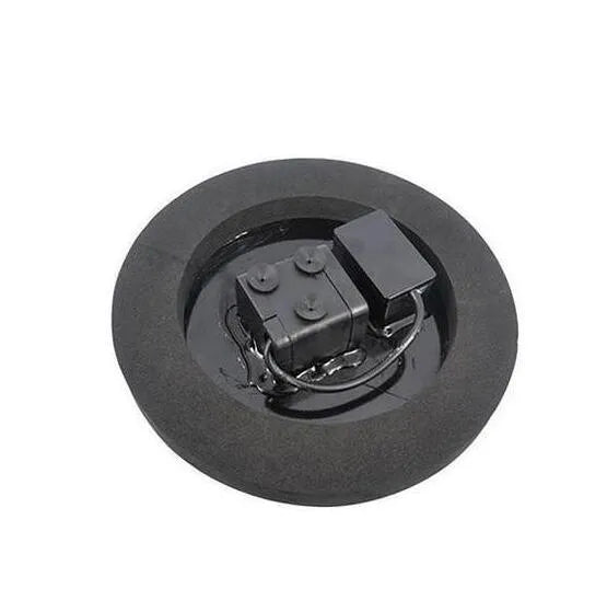 Black solar-powered floating fountain pump with four spray nozzles on a solar panel for garden ponds