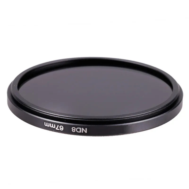 ND8 neutral density camera lens filter with aviation aluminium frame, shown alongside size markings.