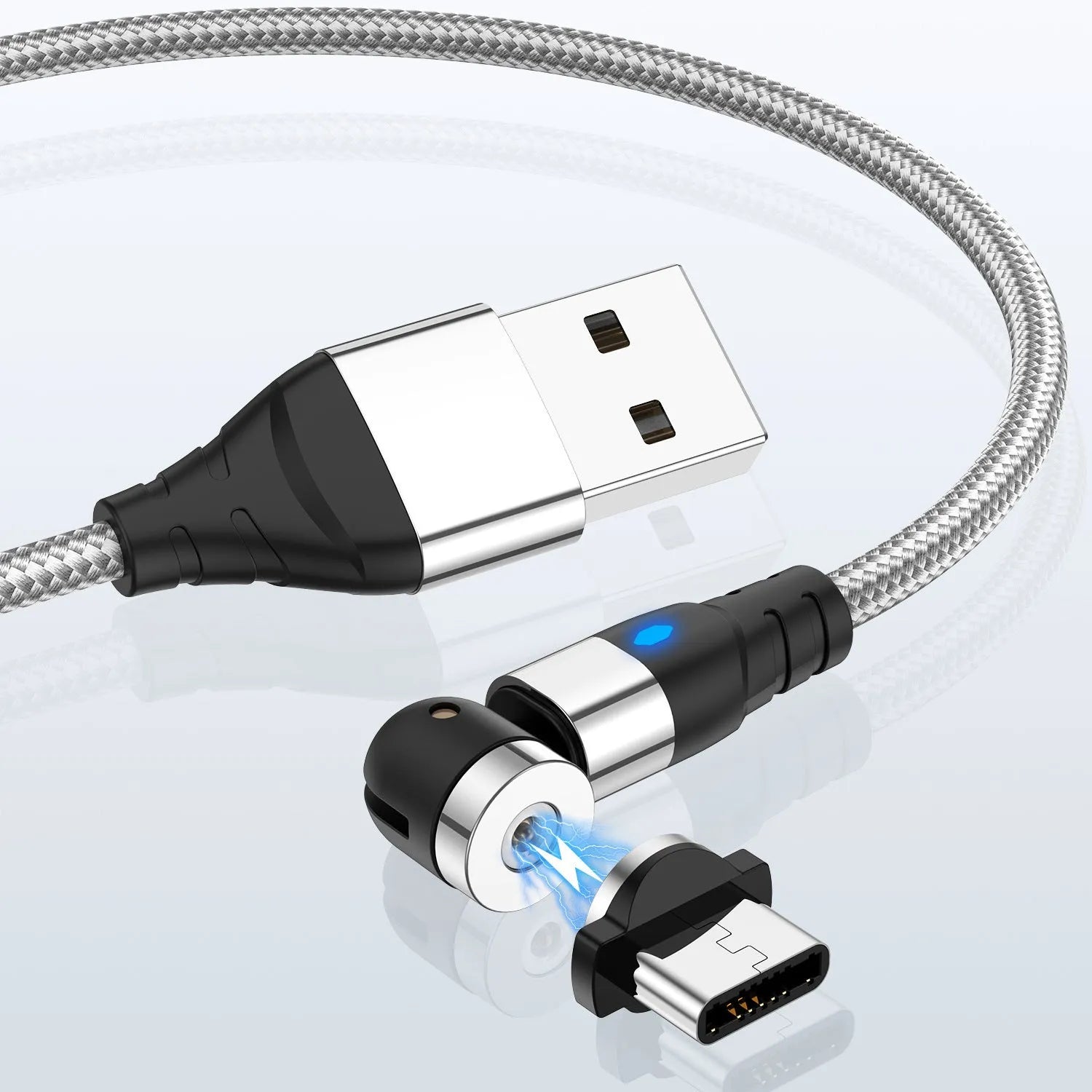 Magnetic charging cable with LED light indicator in various colours showing magnetic connection heads