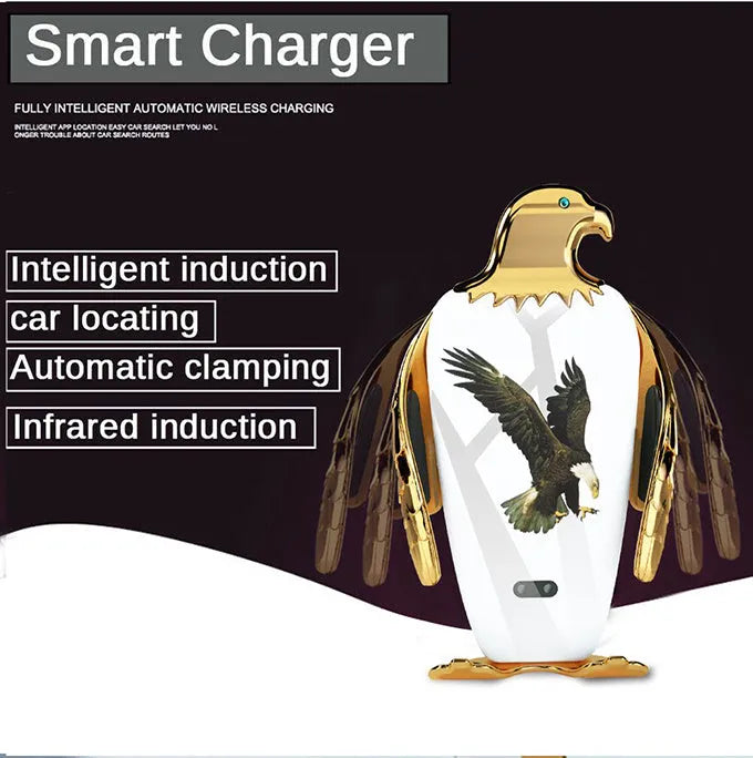 Black and gold wireless charging car phone holder with eagle design and suction cup.