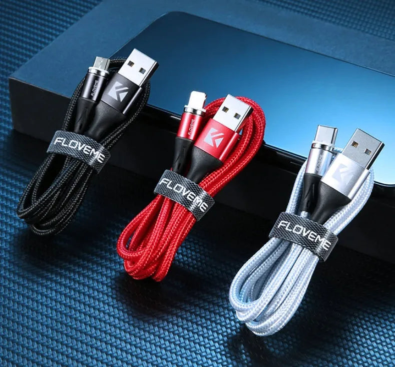 Magnetic USB fast charge and data cable for iPhone and Android phones in black, red, or silver.