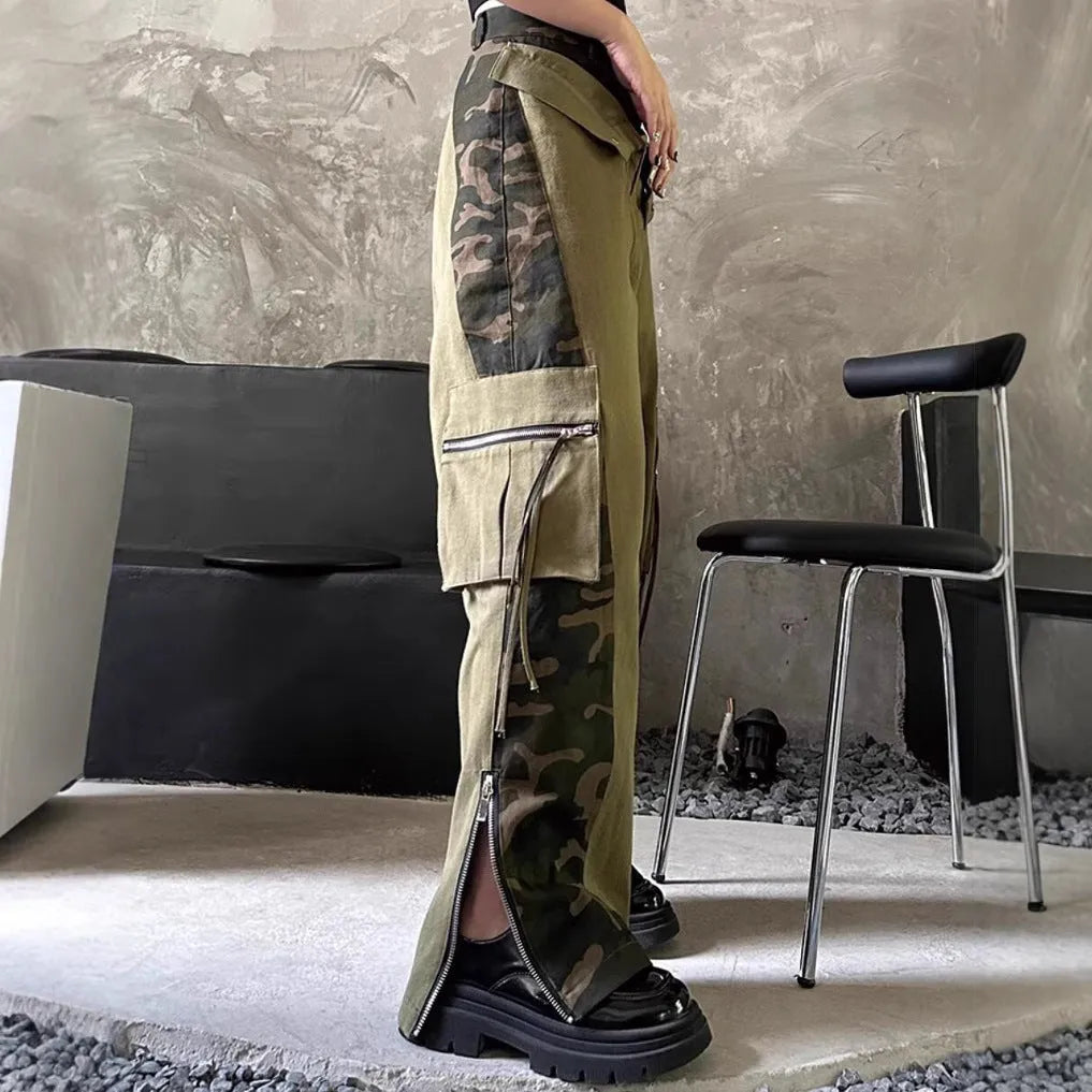 Women's dark khaki high waist straight leg jeans with a leopard print pattern and tooling style stitching detail.