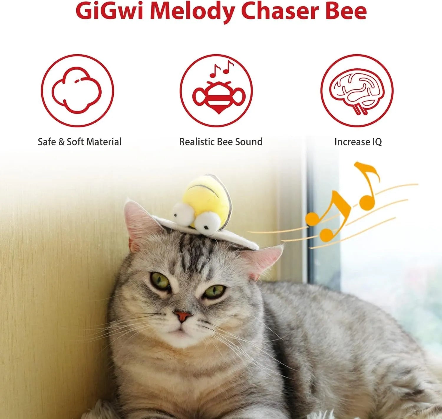 Yellow bee-shaped electronic cat toy with motion-activated chirping sound for indoor pets