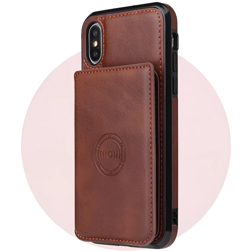 Imitation leather wallet phone case for iPhone in black, blue, brown, orange, pink, or red showing card slots.