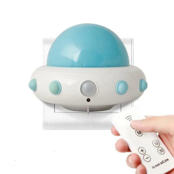 Remote control UFO bedside night light in blue, pink or white with ABS plastic lamp shade
