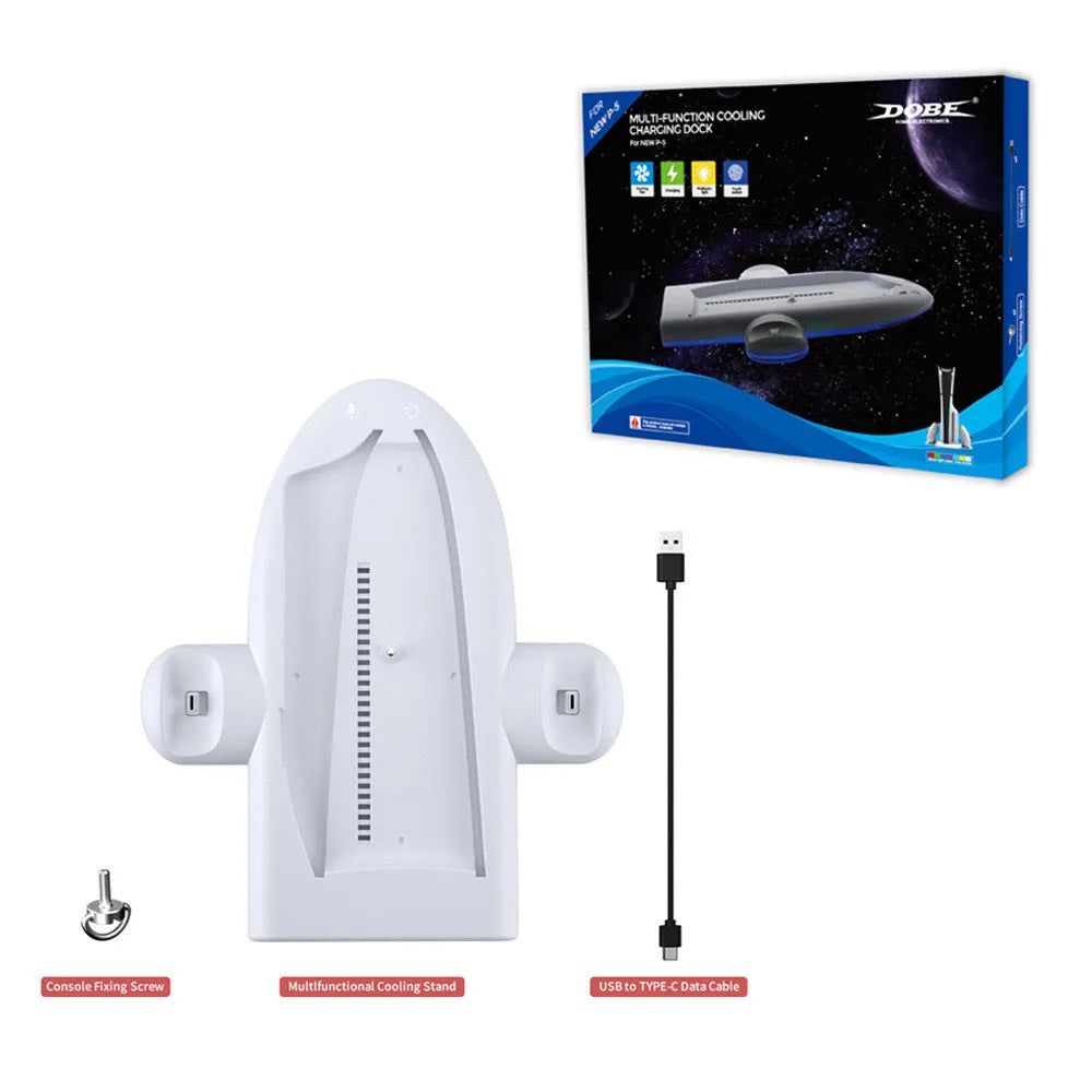 White PS5 Slim multi-function charging base with cooler fan, charging belt, and RGB lights