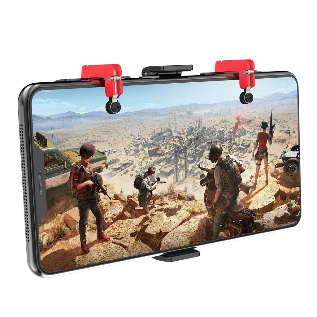 Black mobile phone gaming trigger bracket with adjustable sliding trigger and telescopic phone clip