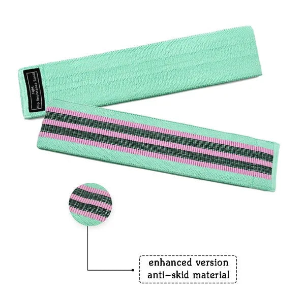 Set of three fabric resistance bands in lake blue, pink, and purple colours with net storage bag