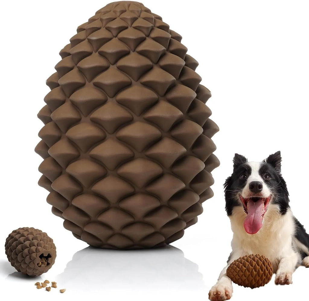 Yellow pine cone shaped natural rubber dog chew toy with treat dispenser for large breeds