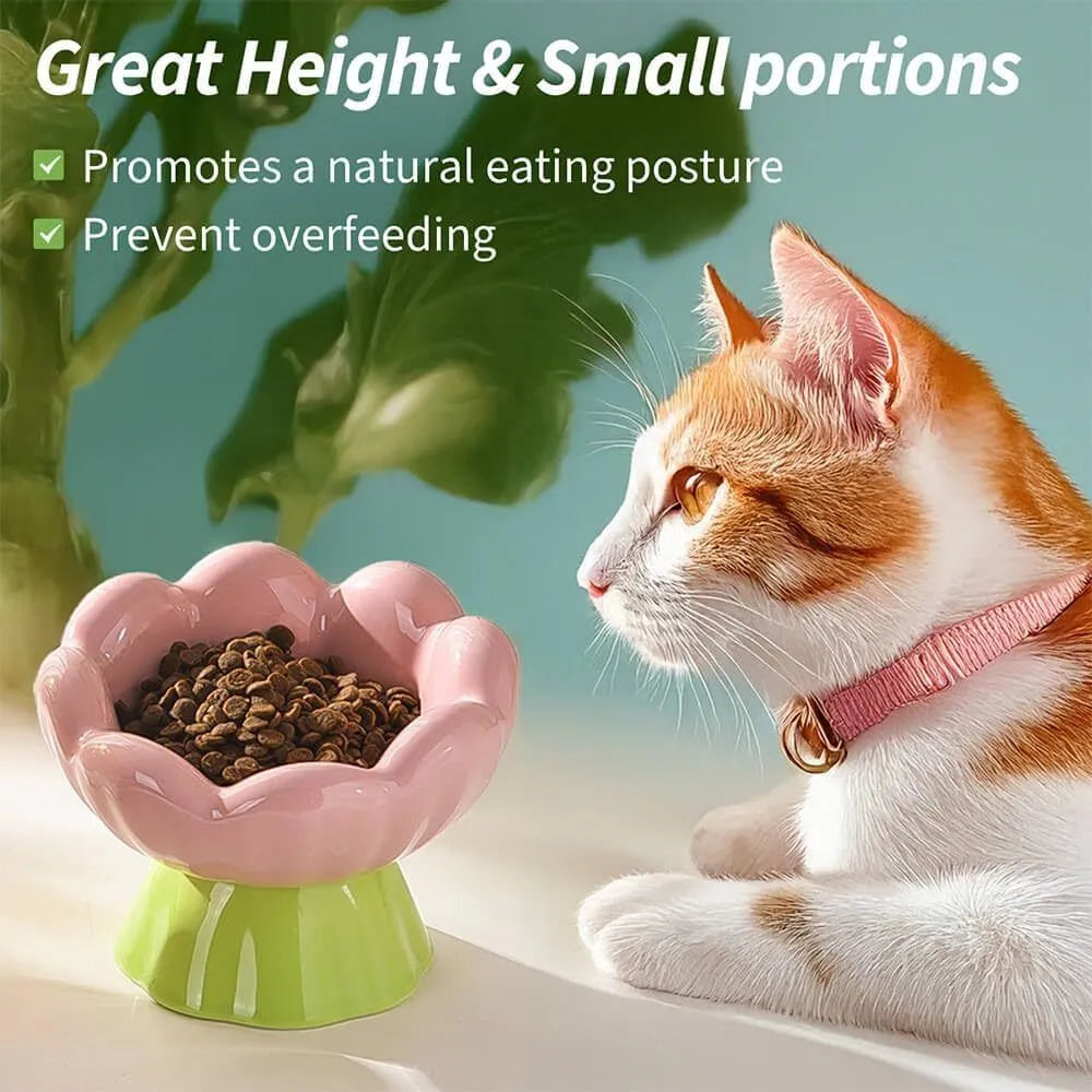 Ceramic Raised Cat Bowl Shallow Wide Flower Design Anti-Vomiting And Whisker Fatigue Non-Slip Tilted 15-Degree Angle Cute Cat Food And Water Bowls For Indoor Cats Pink