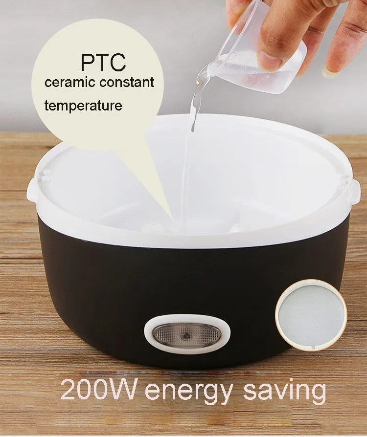 USB-powered electric lunch box showing two-layer and three-layer container options for food heating