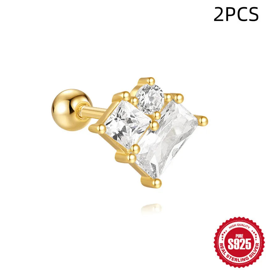 S925 sterling silver red flower stud earrings with square gravel texture in a gold colour.