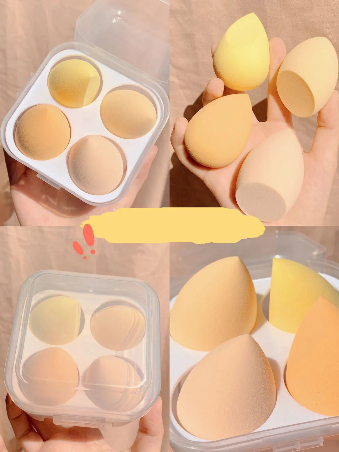 Four makeup sponge eggs in colours grape, mango, mint, and peach on a white background.