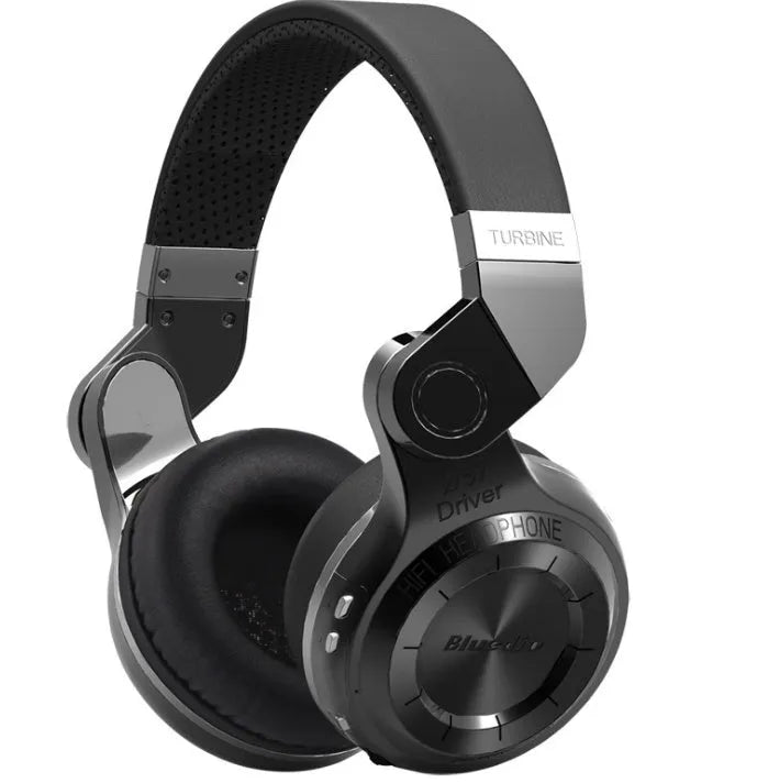 Blue String T2 over-ear Bluetooth headset in black with rotary folding metal design.