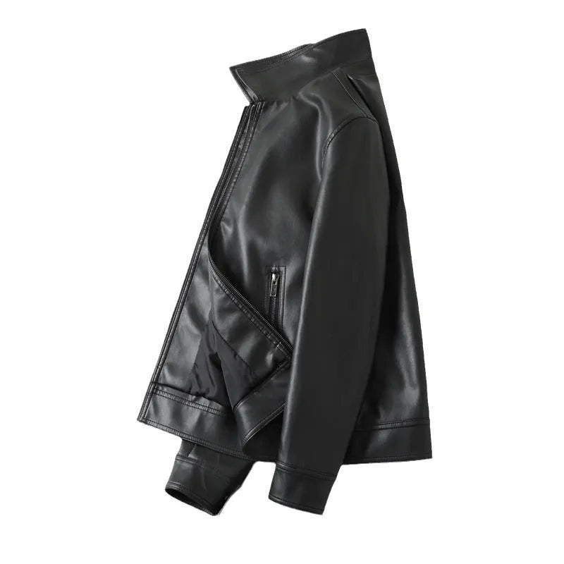 Men's black PU leather windproof jacket with zipper pockets in loose fit style