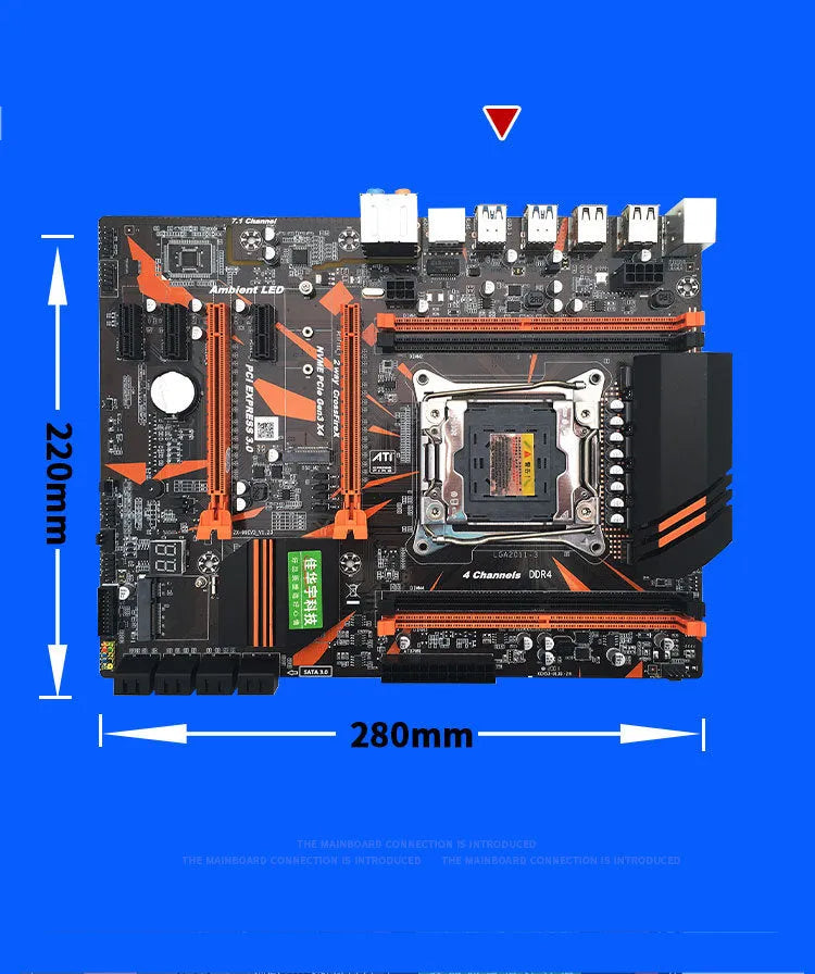 Black X99 desktop computer motherboard with LGA2011-3 CPU socket, four DDR4 slots, and dual PCI-E x16 graphics card slots