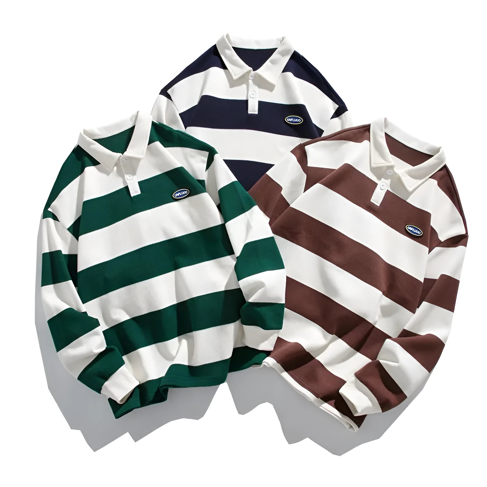 Hong Kong style polo shirt with striped sweater lapel in pearl cotton fabric, loose fit with long sleeves for autumn wear