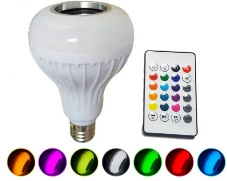 White Bluetooth speaker LED bulb with E27 base showing RGB colour options and remote control