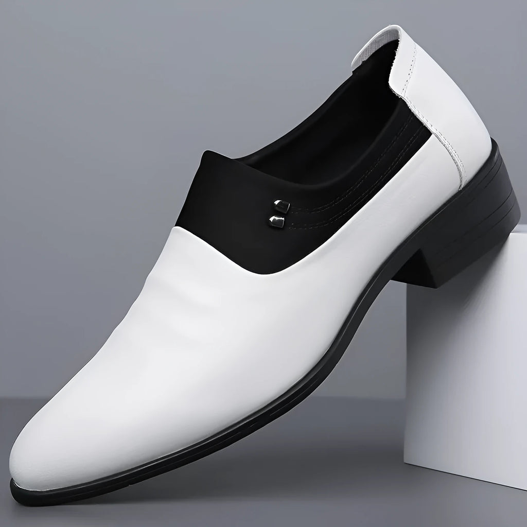 Men's business leather pointed toe pumps in white with low-top PU upper and rubber sole