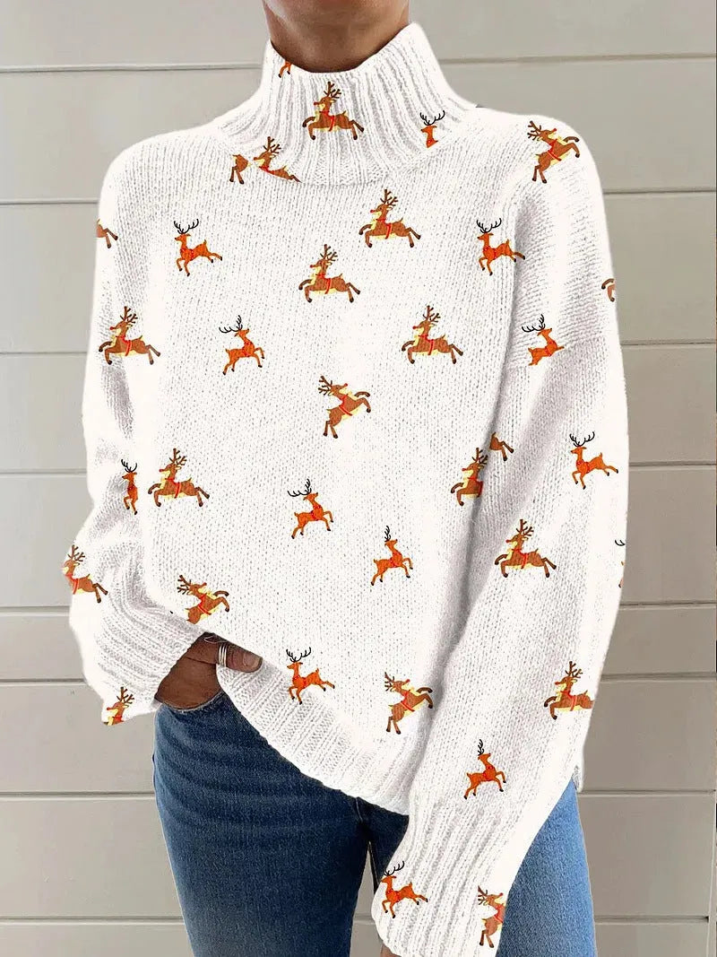 Women's loose fit red Christmas print turtleneck sweater with long sleeves.