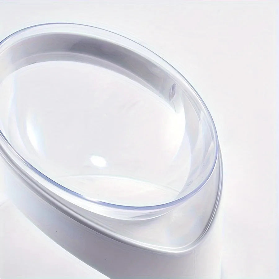 White elevated plastic cat food bowl with a slanted design for comfortable feeding.