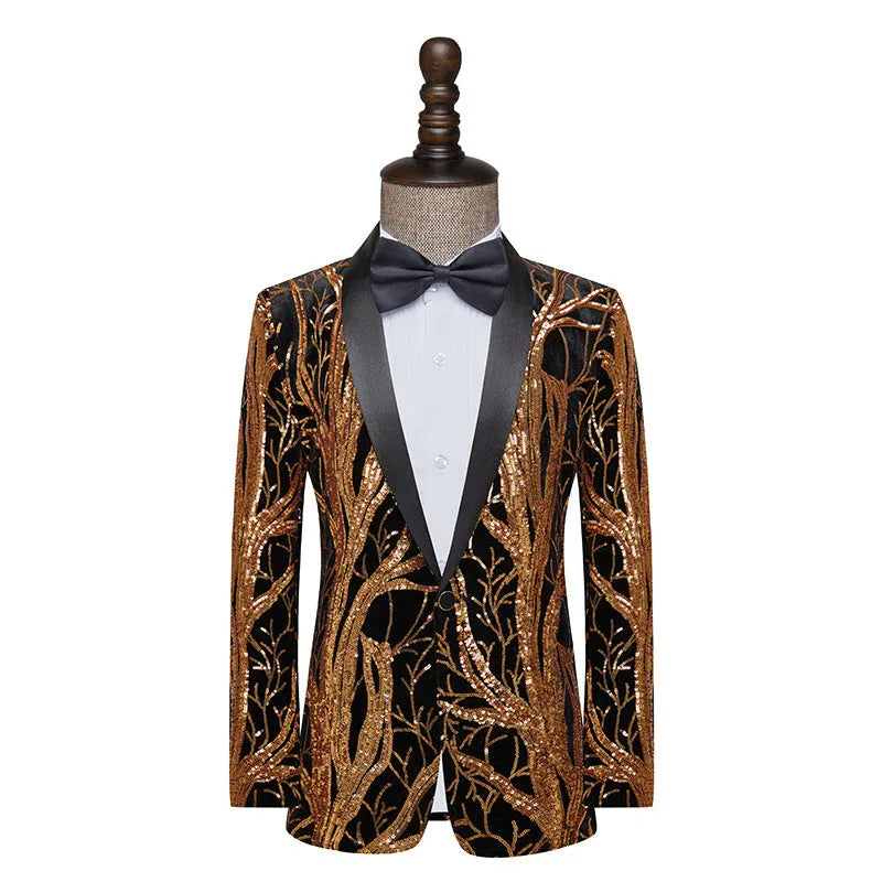 Men's slim fit black sequins performance costume jacket for banquets