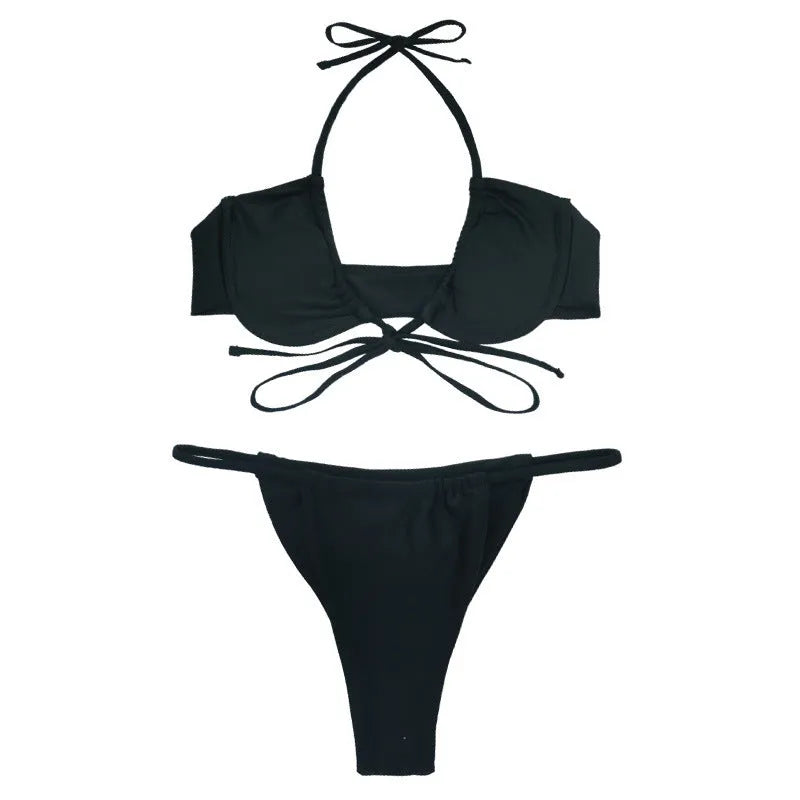 Women's fashion split bikini swimsuit set in black or mint green with nylon fabric construction