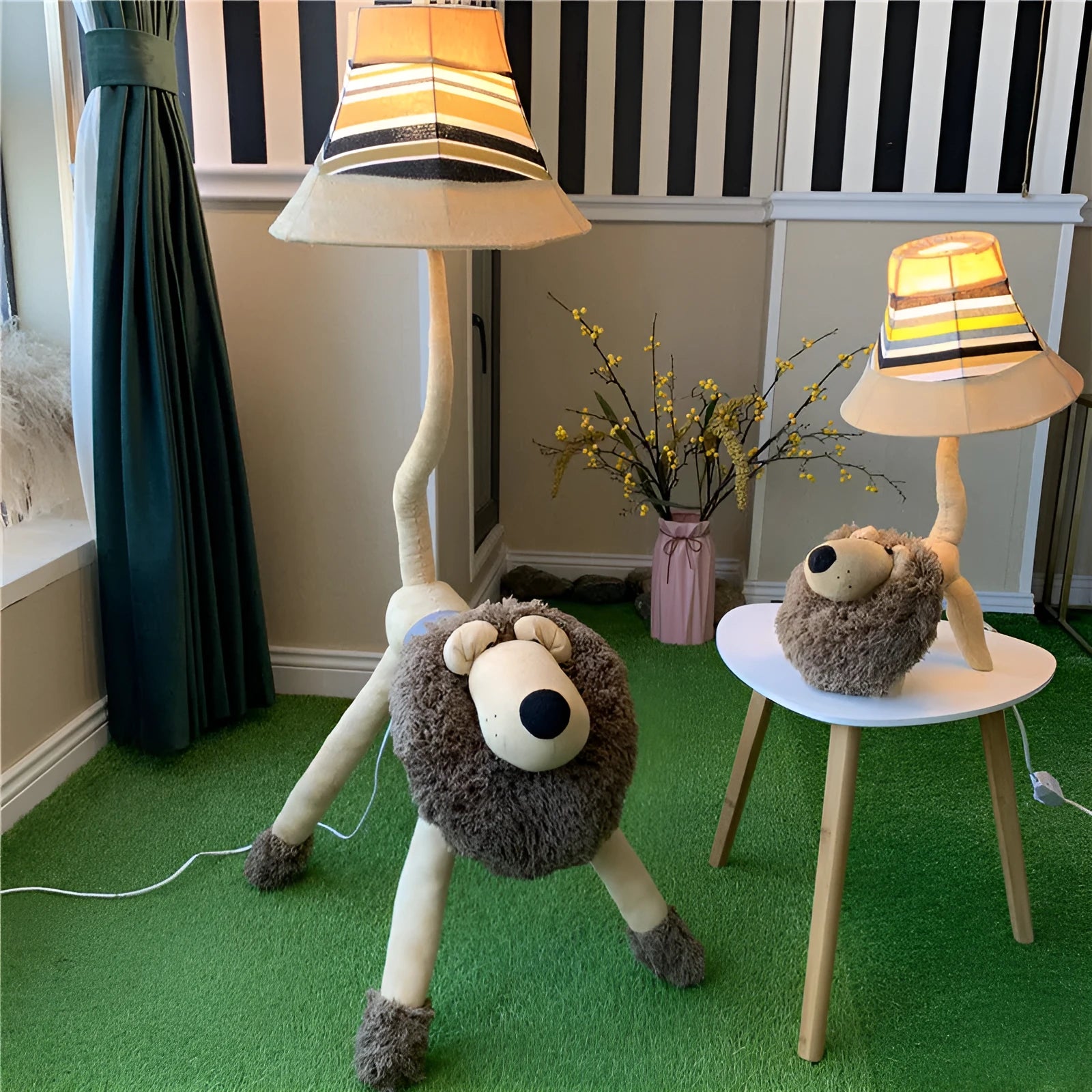 Hand-knitted cloth children's cartoon floor lamp with Christmas deer or lion design in a bedroom setting