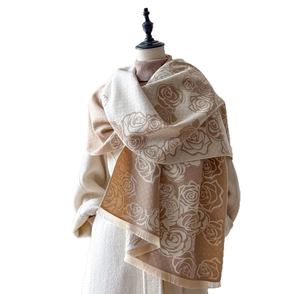 Grey imitation cashmere winter scarf with tassels laid flat, showing its long rectangular shape.