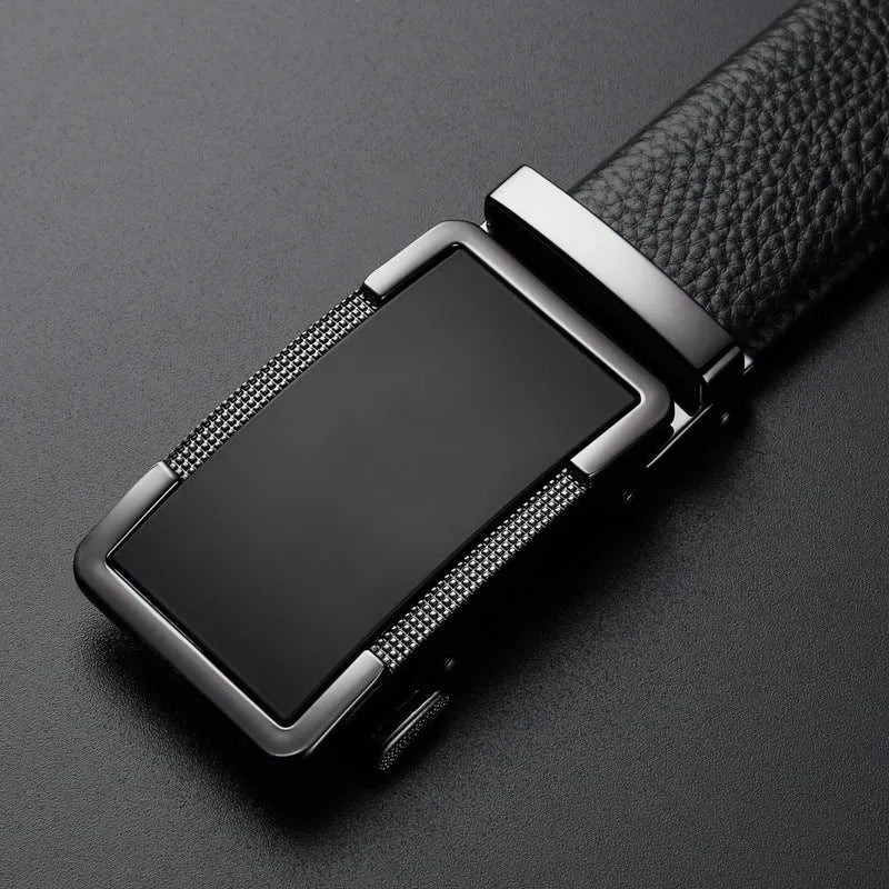Men's leather belt with automatic buckle in gun black, silver, and gold colours