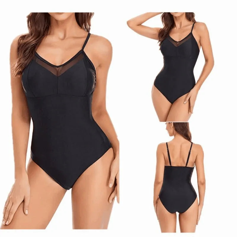 A black solid colour backless one-piece ladies swimsuit on a model.