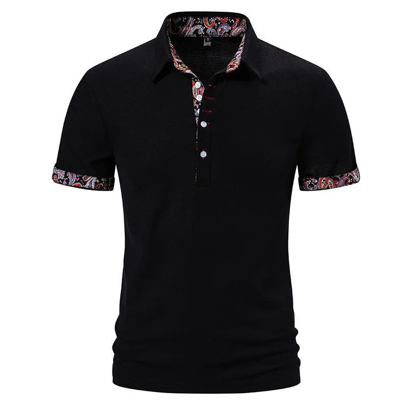Men's short sleeve polo shirt in cotton blend fabric, showing turnover collar detail in white colour.