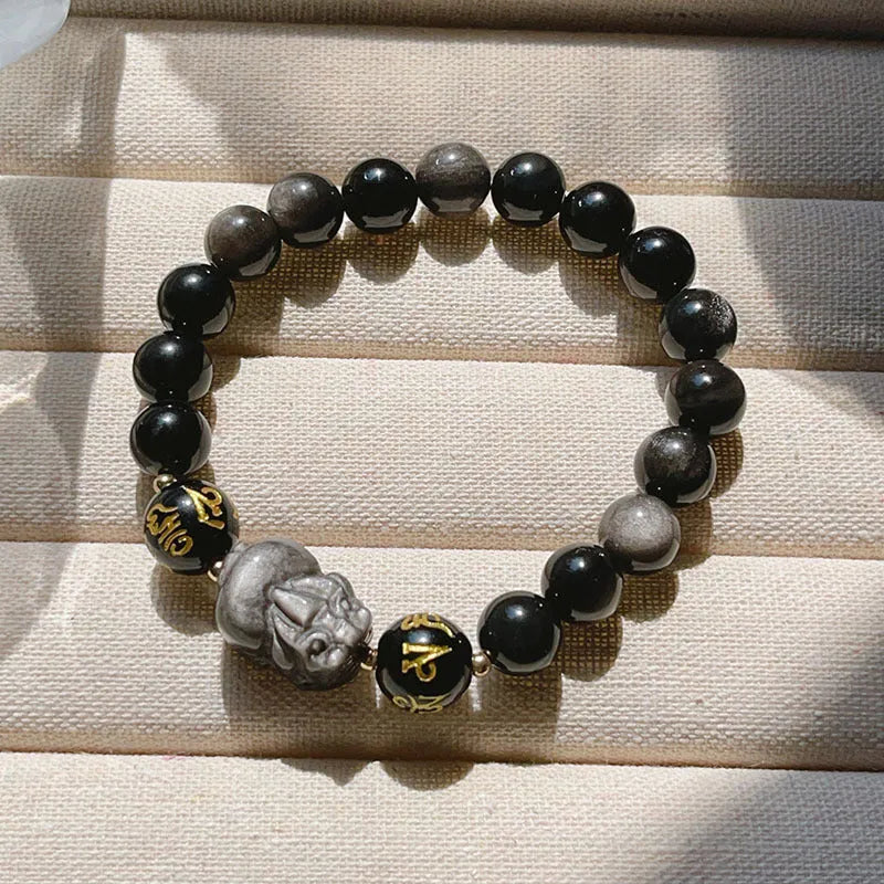 Men's natural silver stone bracelet with Chinese zodiac designs and proverb beading on adjustable band