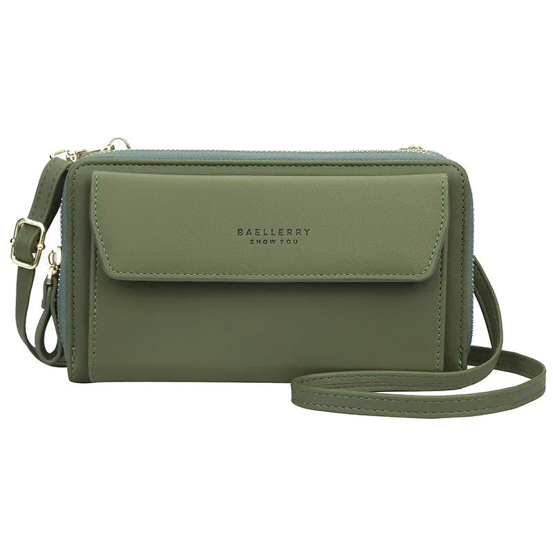 Ladies long wallet double zipper messenger bag in soft PU leather showing colour options