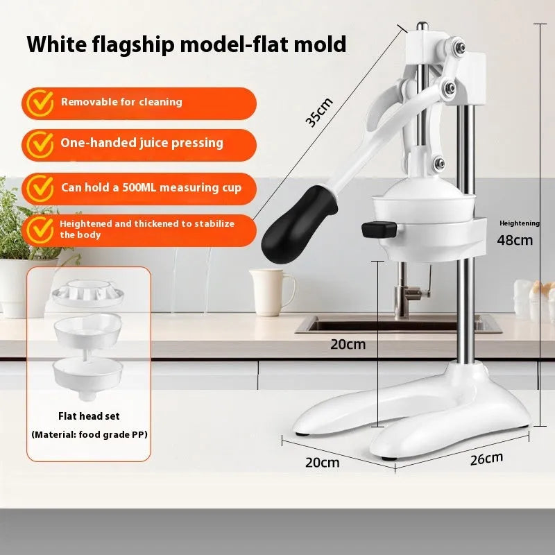 Manual stainless steel citrus juicer with quick-disassembly mechanism and choice of flat or pointed die.