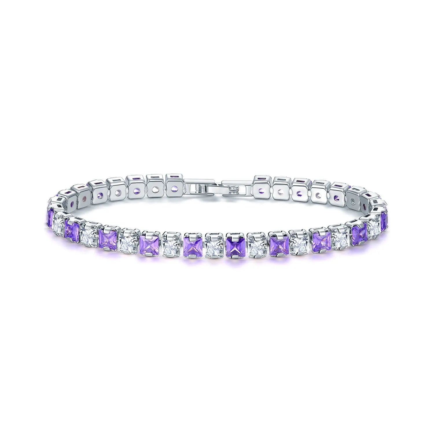 Electroplated real platinum women's bracelet with square diamond geometric design and gang drill details.