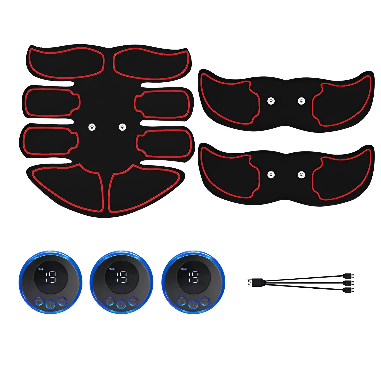 Digital EMS abdominal muscle trainer patch set with three pieces and a charging unit in red, blue, or yellow.