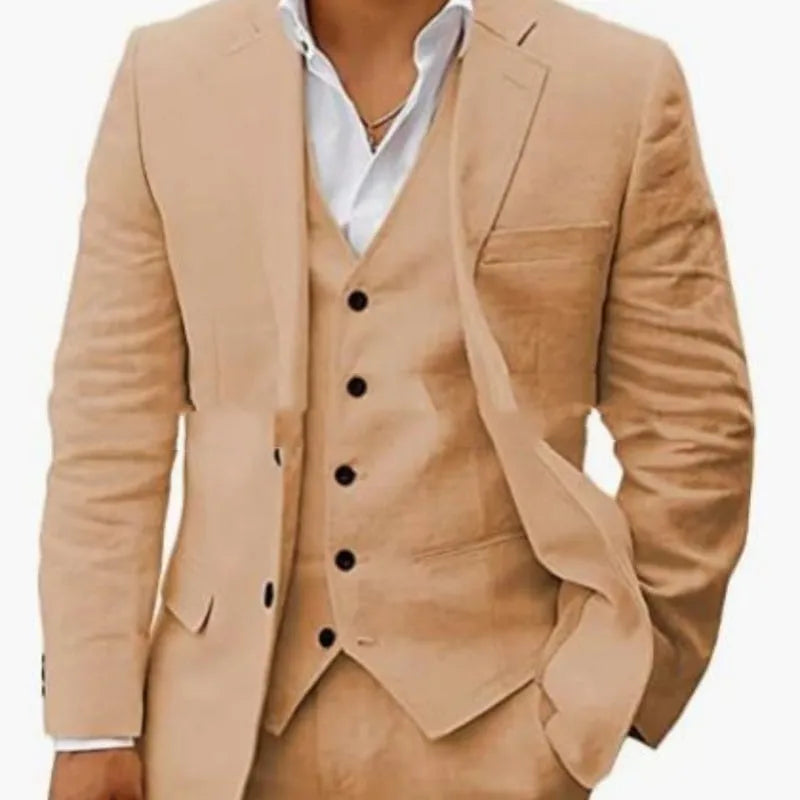 Men's linen six-piece suit set in slim fit, available in multiple colours including light green and beige