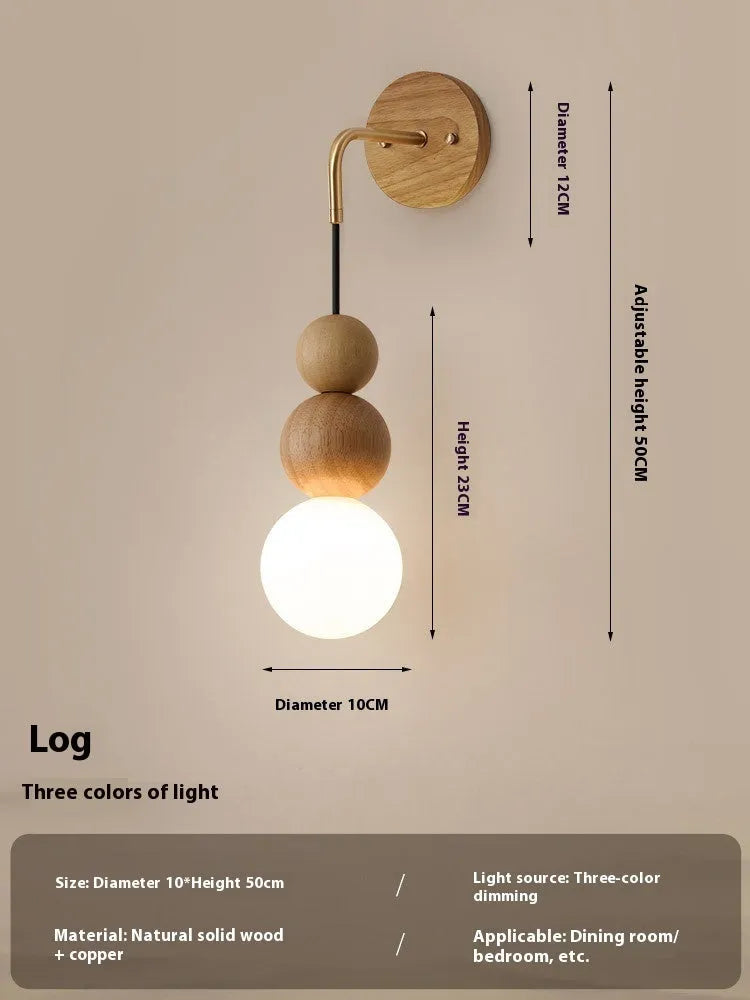 Natural walnut wooden wall suspension lamp with copper accents and tri-colour lighting