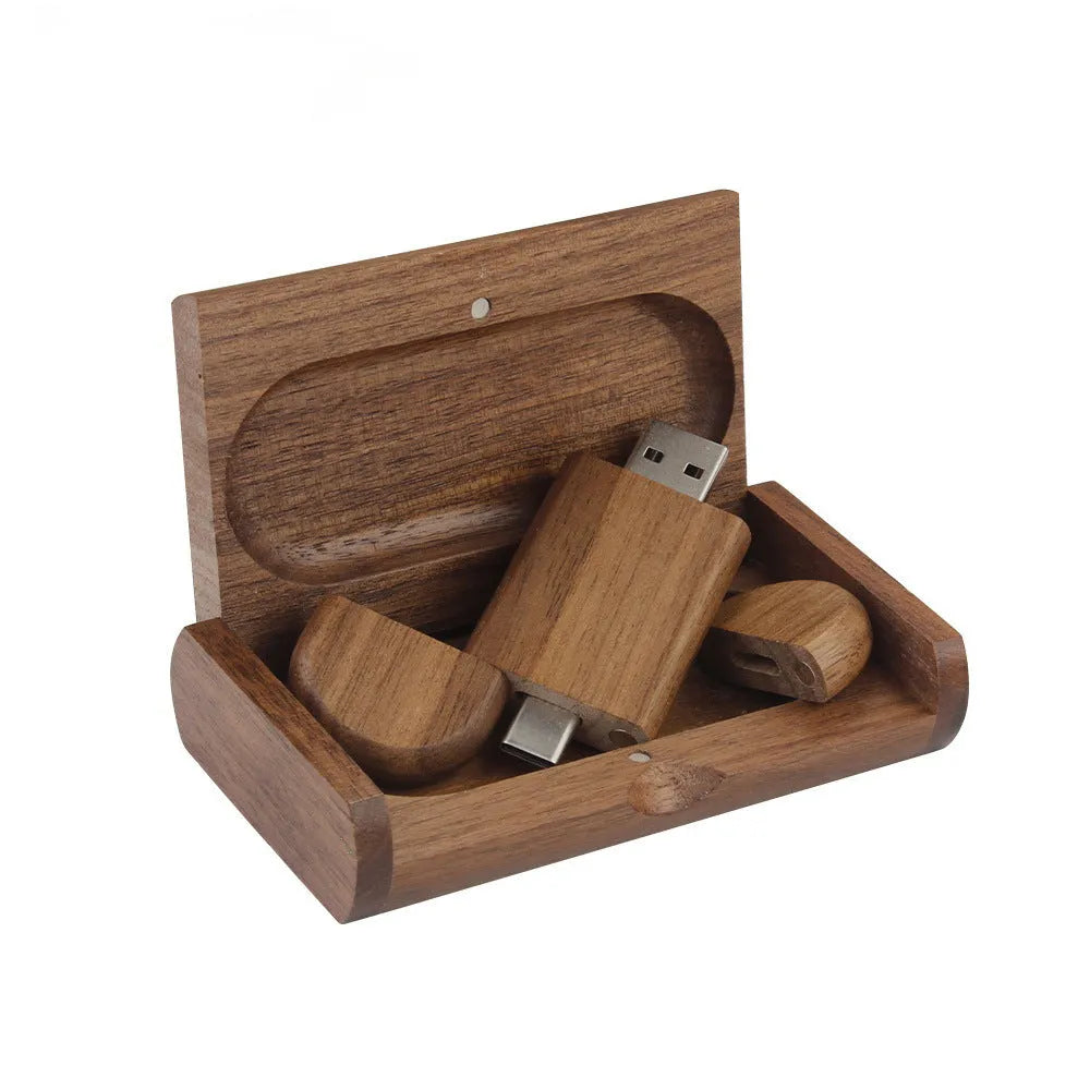 Carved wooden box-shaped USB flash drive with TYPE-C phone connector on display