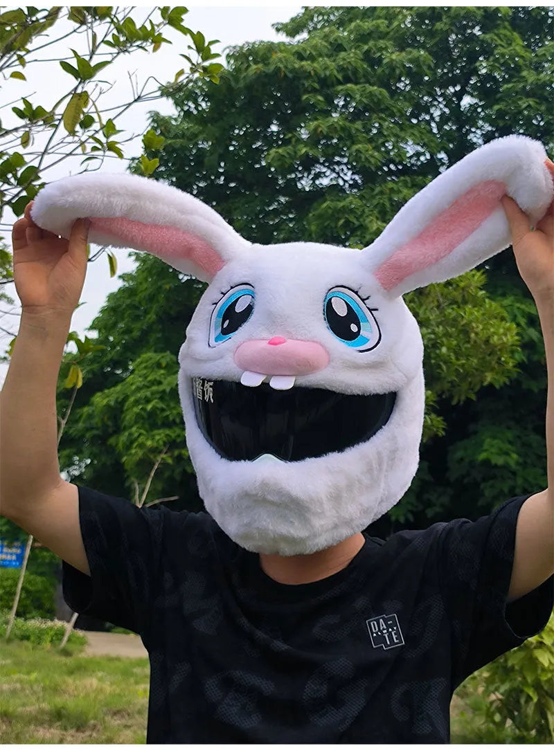 Decorative rabbit head helmet cover in long eared white design for electric motorcycle commuting