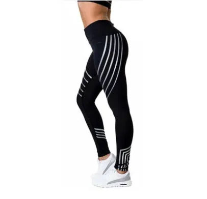 Women's black fitness leggings with glowing night print pattern, slim fit pencil pants style
