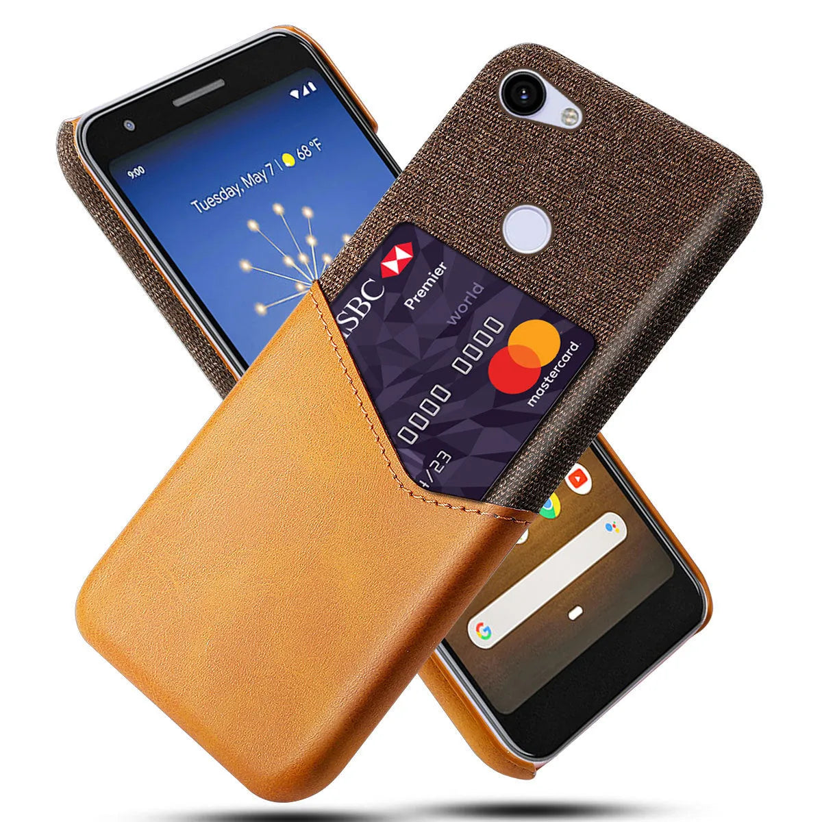A solid-colour leather back cover case for a Google Pixel smartphone on a table.