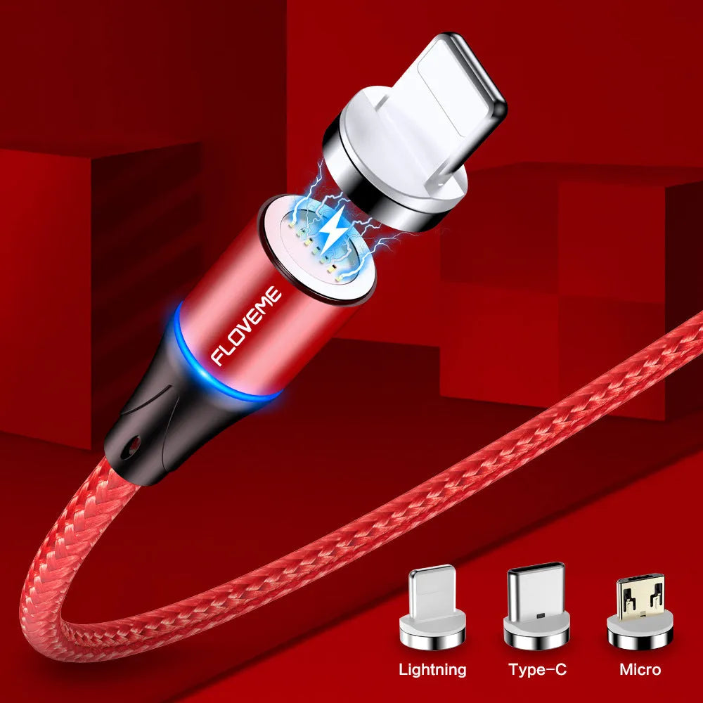 Magnetic USB fast charge and data cable for iPhone and Android phones in black, red, or silver.