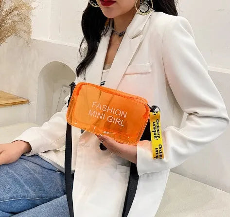 Clear square single shoulder bag made from PC plastic with adjustable strap in multiple colours
