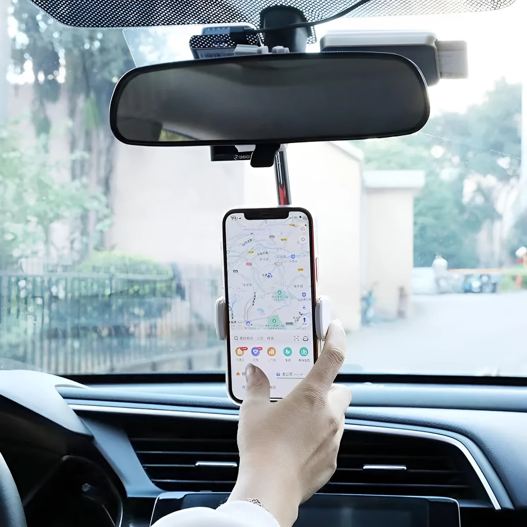 Black ABS plastic mobile phone bracket mounted on a car rearview mirror stem.
