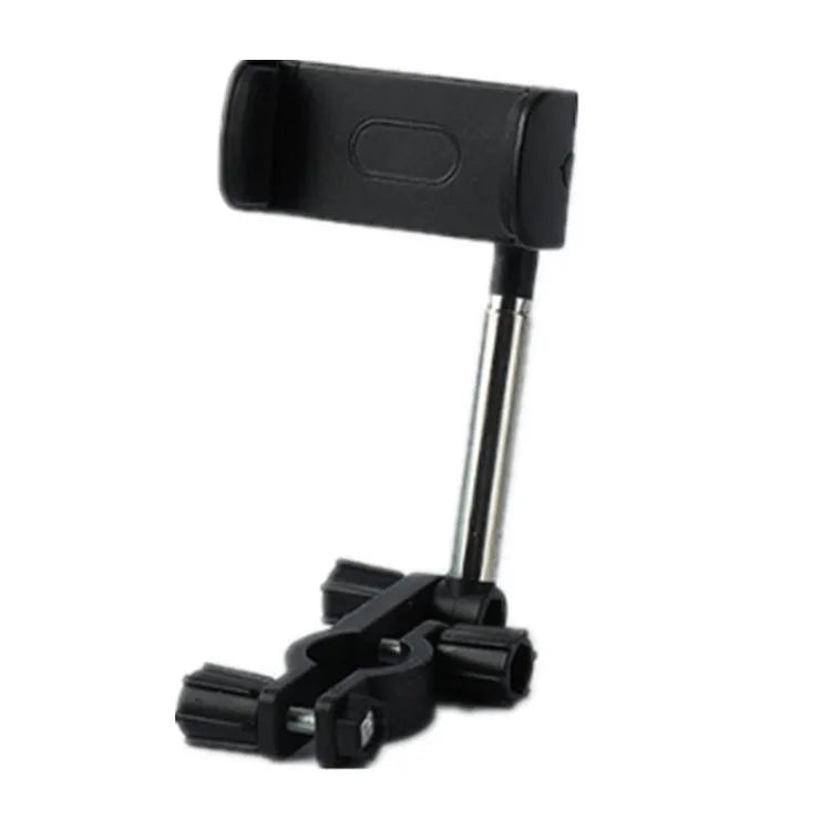 Black ABS plastic mobile phone bracket mounted on a car rearview mirror stem.